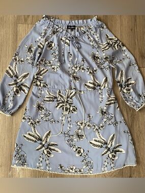 Sam Edelman Pale Blue Floral Tie-Waist Long Sleeve Dress